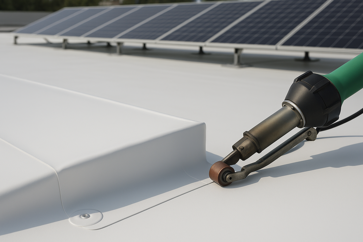 Close-up of a TPO roof installation with white membrane and solar panels in the background