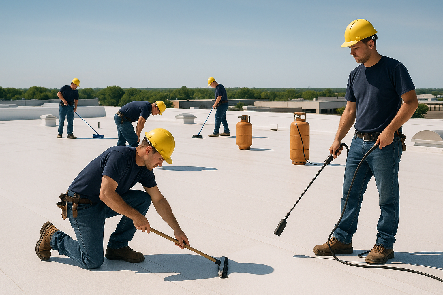 A team of roofers performing maintenance on a large commercial building with a flat roof