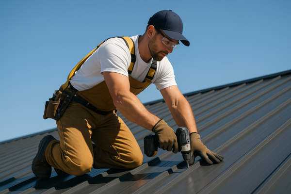 A professional roofer installing metal panels on a commercial roof under a clear blue sky