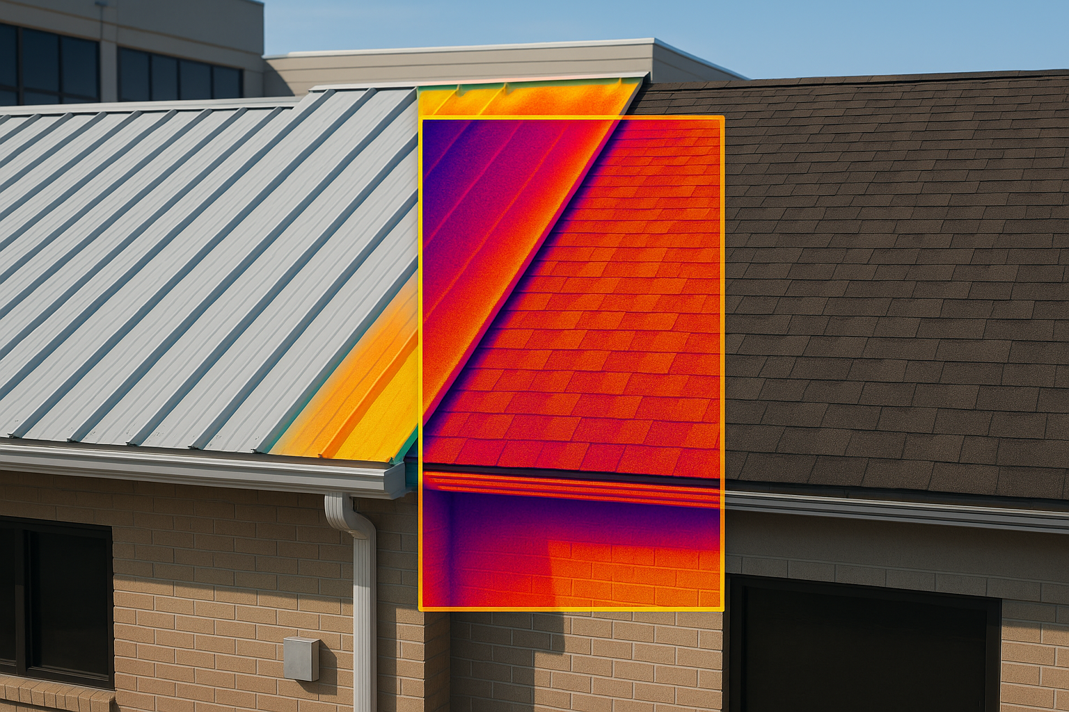 A thermal image showing the heat reflection of a metal roof compared to an asphalt roof on a commercial building