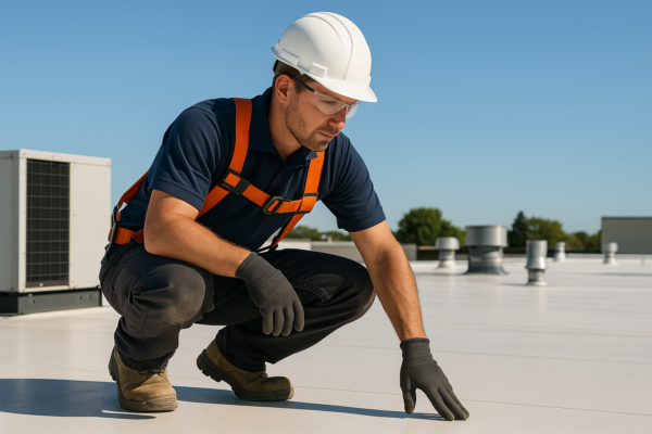 A professional roofer examining a flat commercial roof with safety gear on a clear sunny day