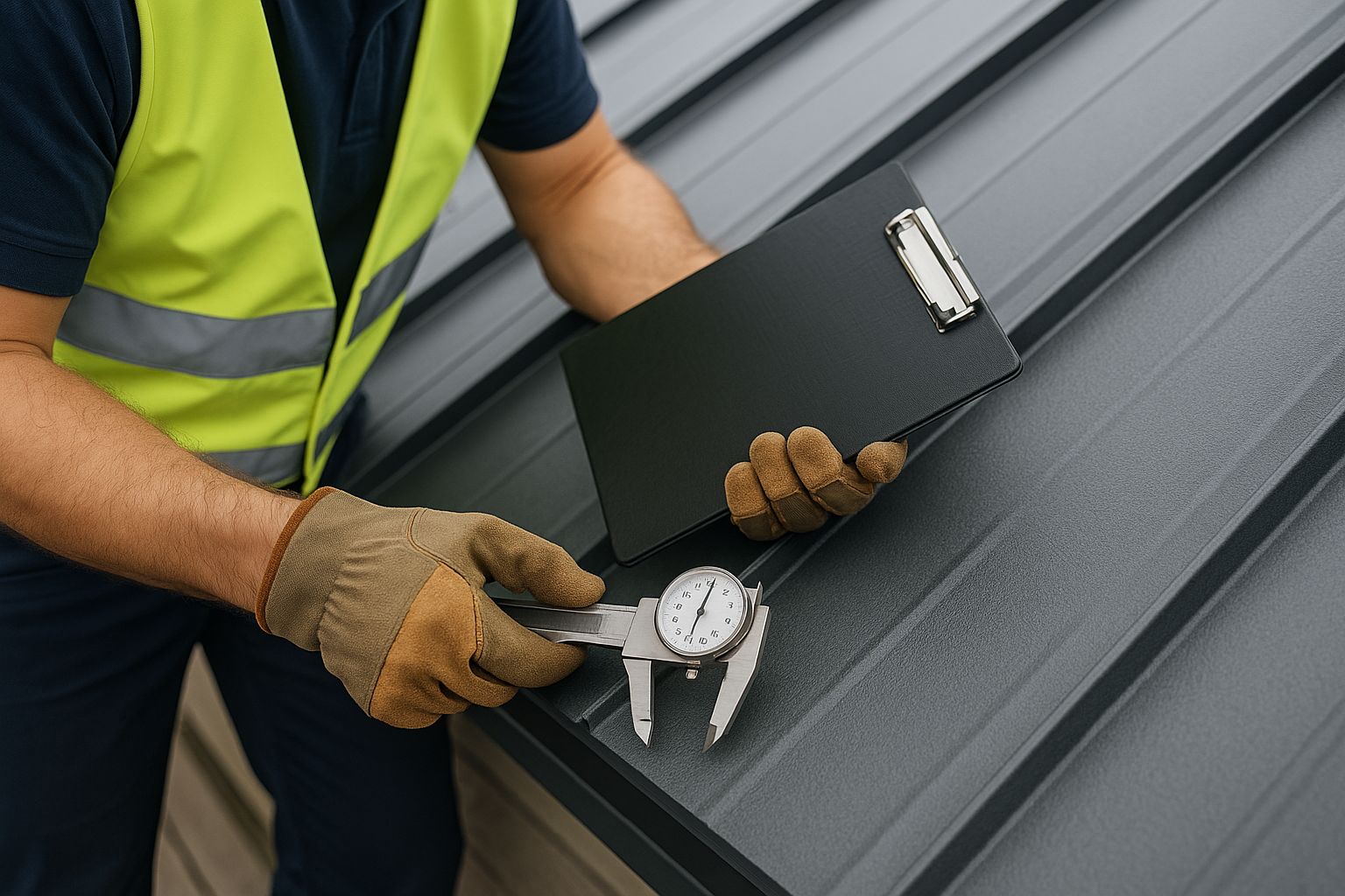 Close-up of a roofer's hands holding inspection tools while examining a metal roof panel