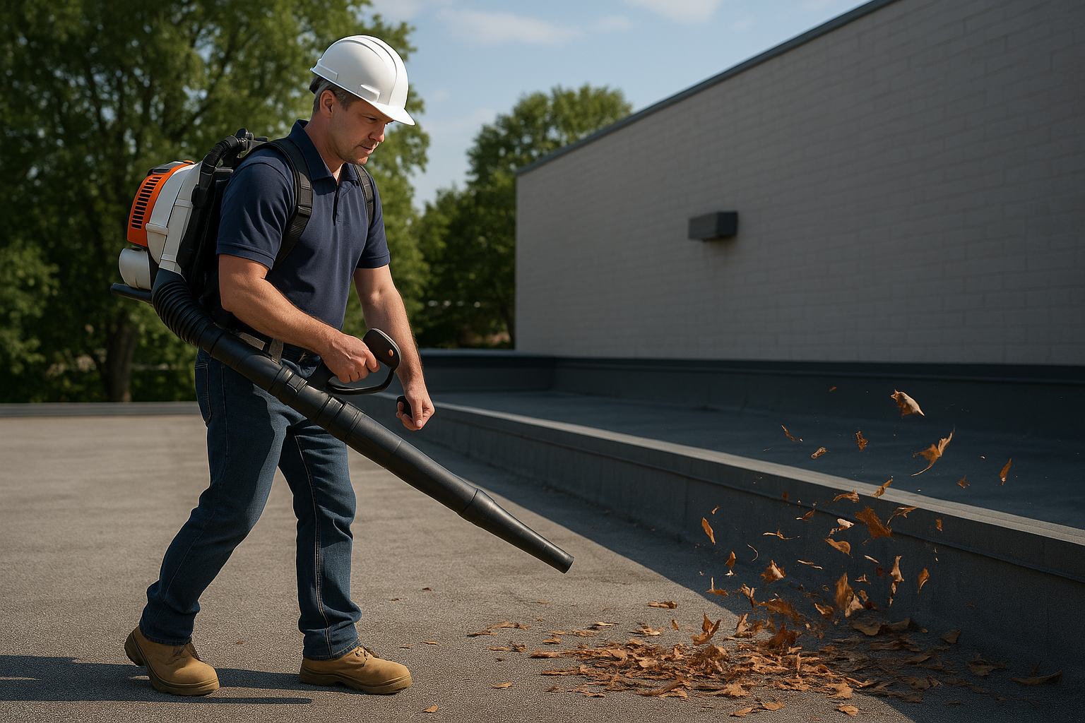 Roofer using a leaf blower to clear leaves and debris off a flat roof on a commercial building