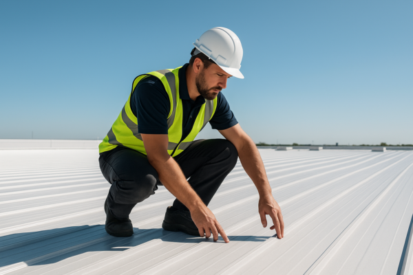 A professional roofer inspecting a large commercial roof under a clear blue sky