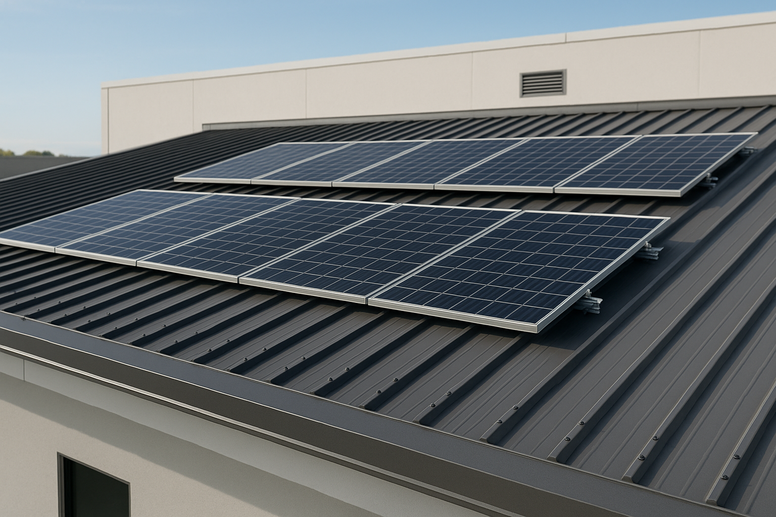 Close-up of a metal roof on a commercial building with solar panels installed