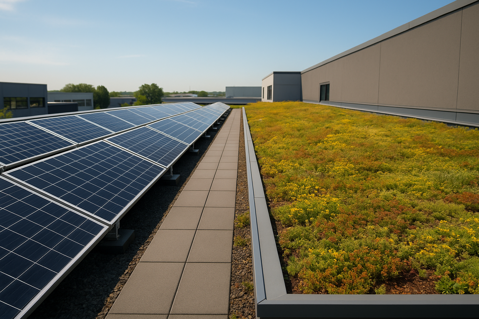 Rooftop garden on a commercial building with a view of solar panels, showcasing sustainable roofing solutions