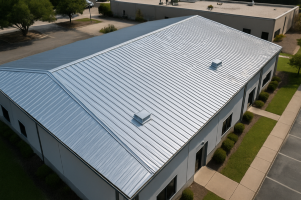 Aerial view of a large commercial building with a newly installed metal roof, showcasing its sleek, reflective surface and modern design