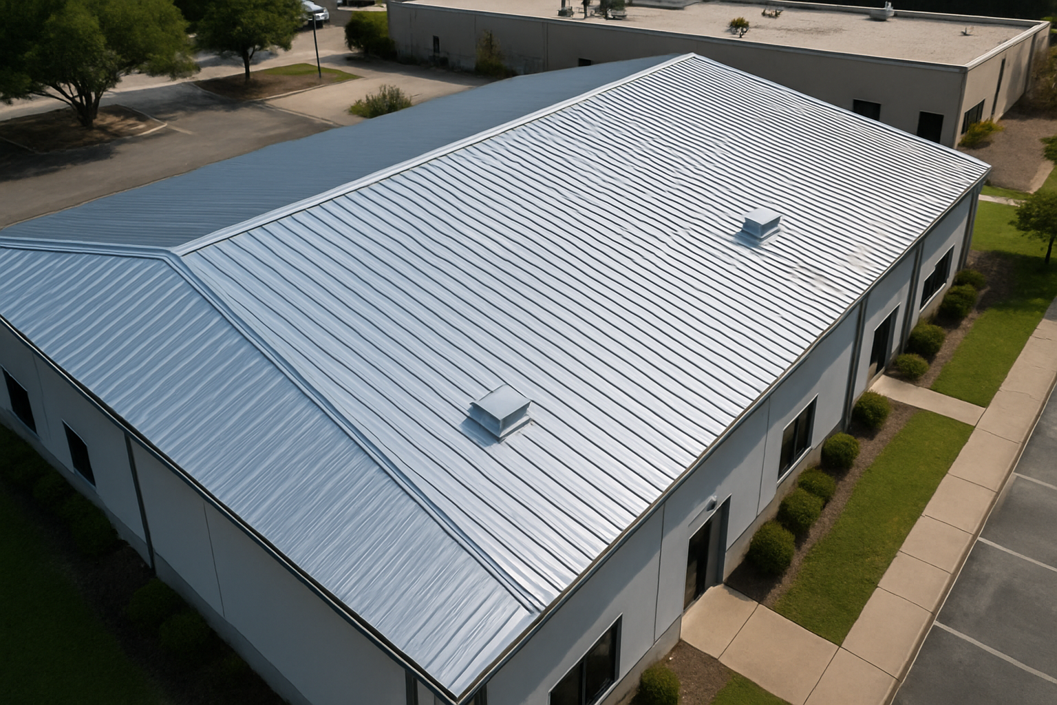 Aerial view of a large commercial building with a newly installed metal roof, showcasing its sleek, reflective surface and modern design