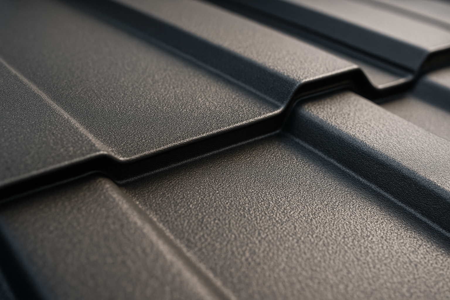 Close-up of a metal roof panel with a durable, weather-resistant coating, highlighting its texture and finish
