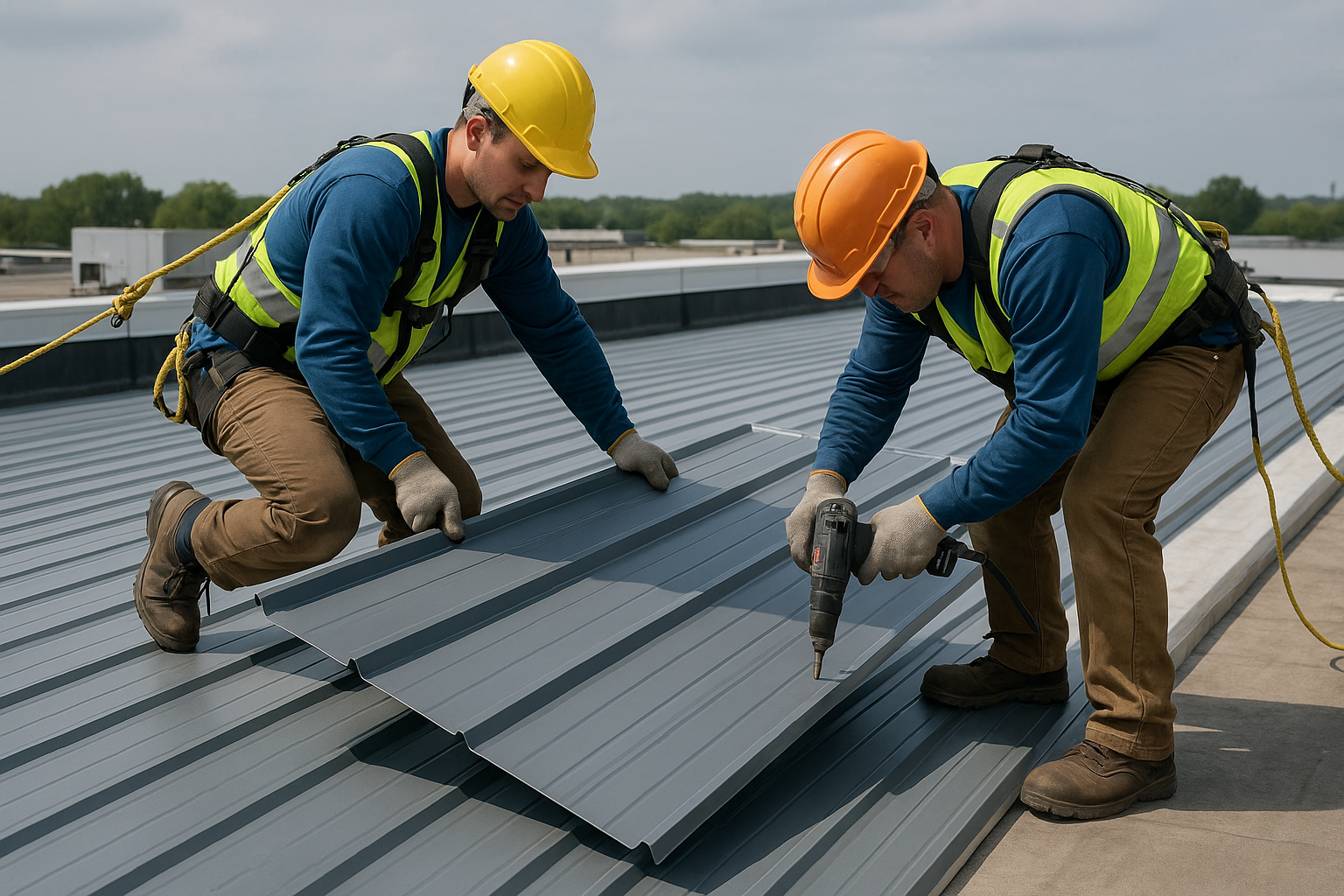 Professional roofers installing large metal sheets on a commercial building, using safety gear and specialized equipment