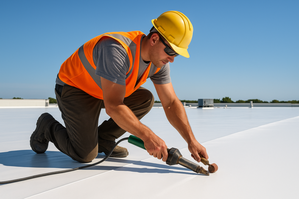 A professional roofer installing a reflective white TPO membrane on a large flat commercial roof under a clear blue sky
