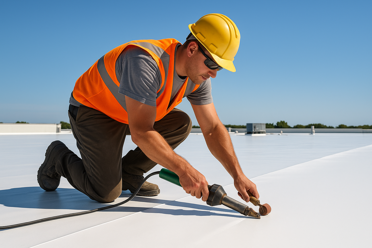 A professional roofer installing a reflective white TPO membrane on a large flat commercial roof under a clear blue sky