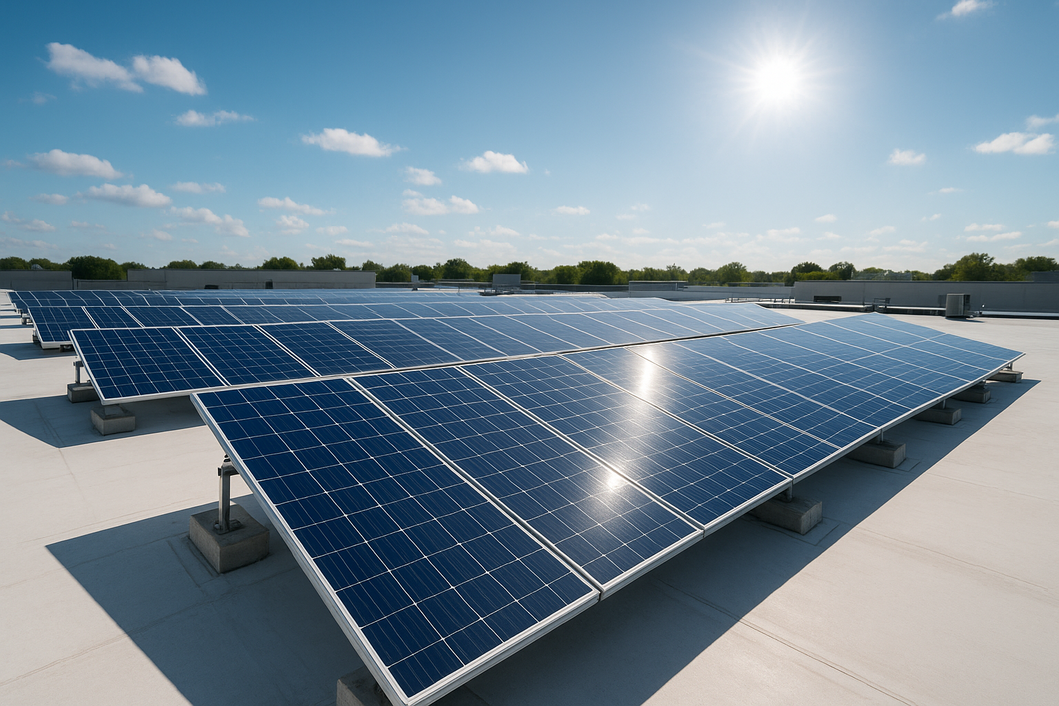 Solar panels installed on a flat commercial roof, capturing sunlight on a bright day