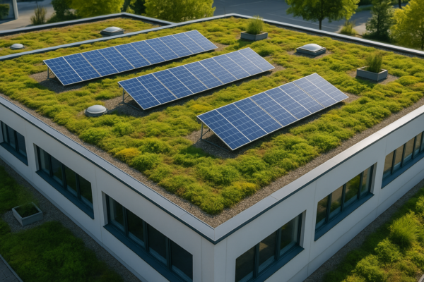 Aerial view of a commercial building with a green roof featuring solar panels and lush vegetation