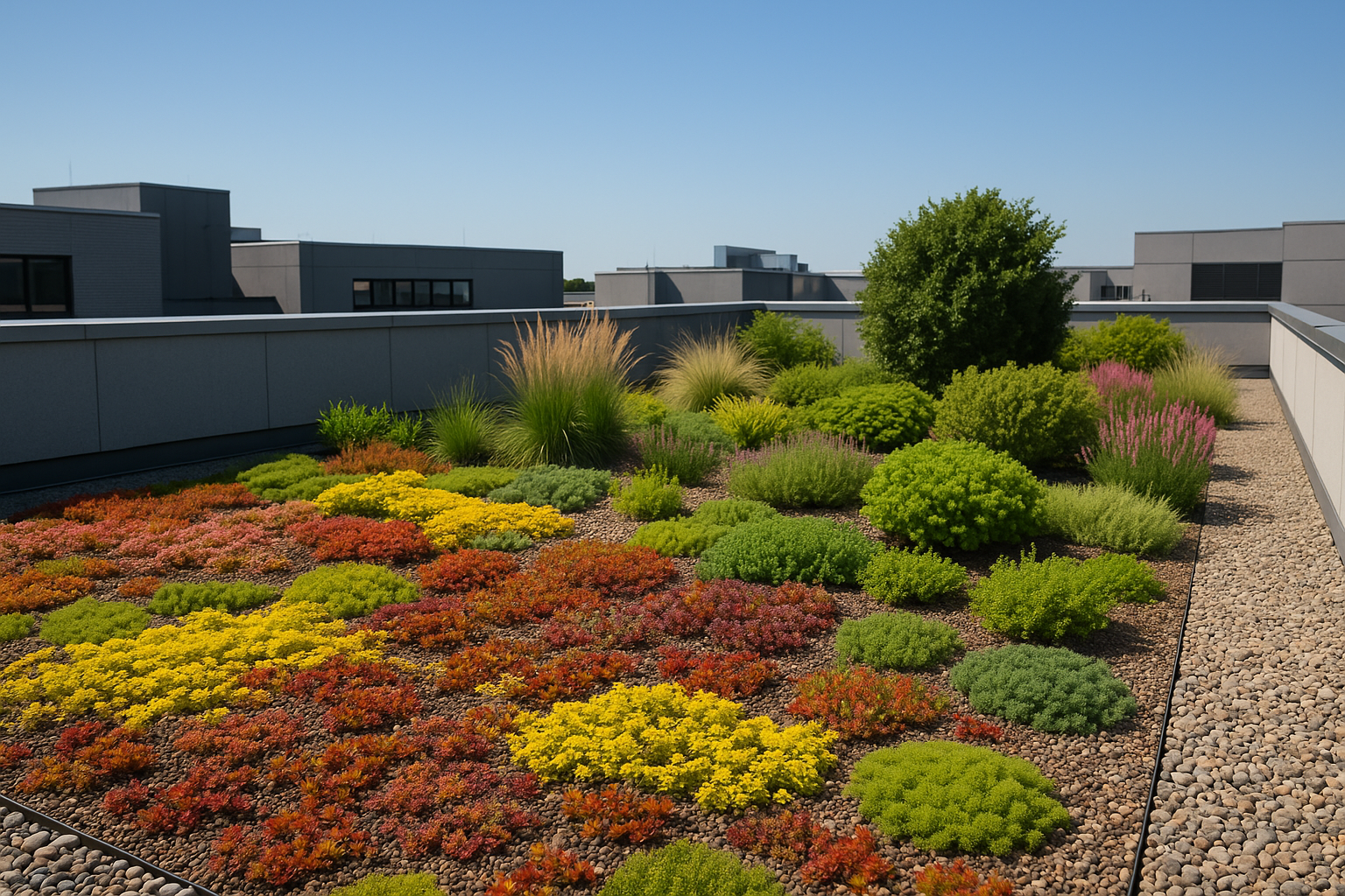 Rooftop garden on a commercial building with diverse plant life and a clear blue sky