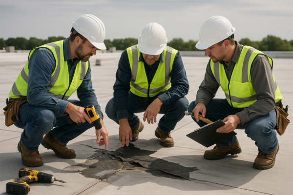 A team of roofers assessing damage on a large commercial rooftop with tools and safety gear visible
