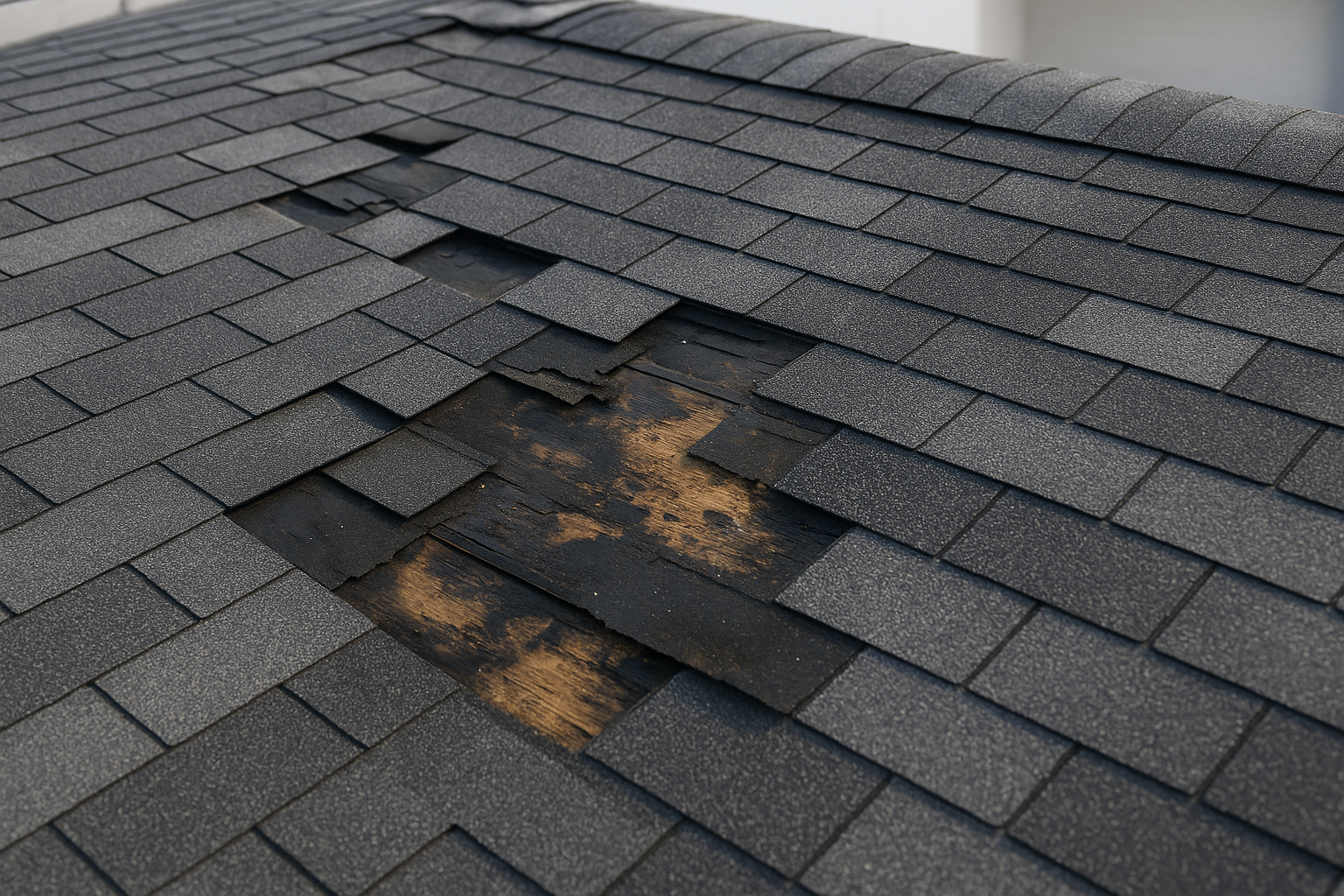A close-up of a commercial roof with several missing shingles and visible water damage