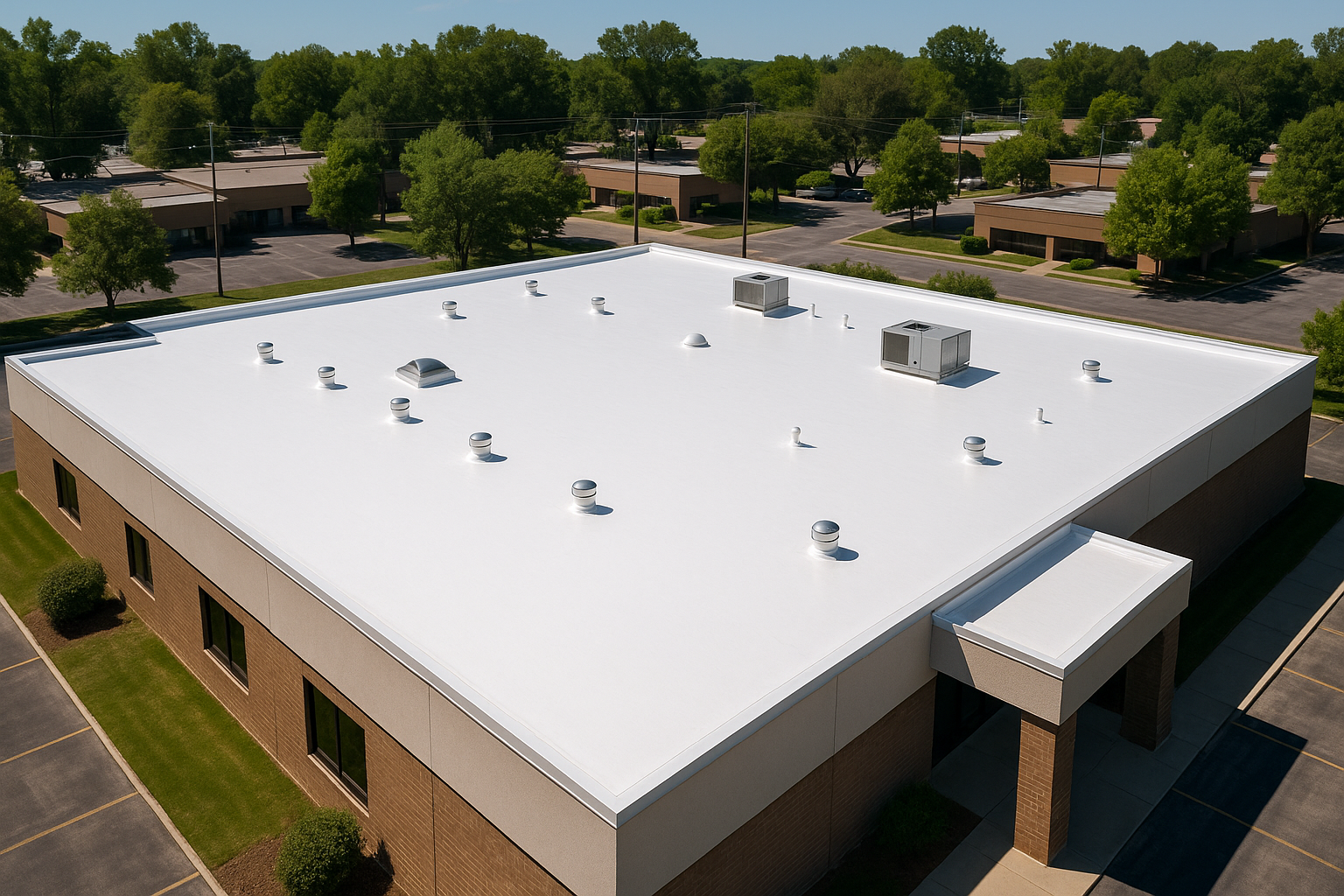 Aerial view of a commercial building with a newly installed white reflective roof in a sunny area