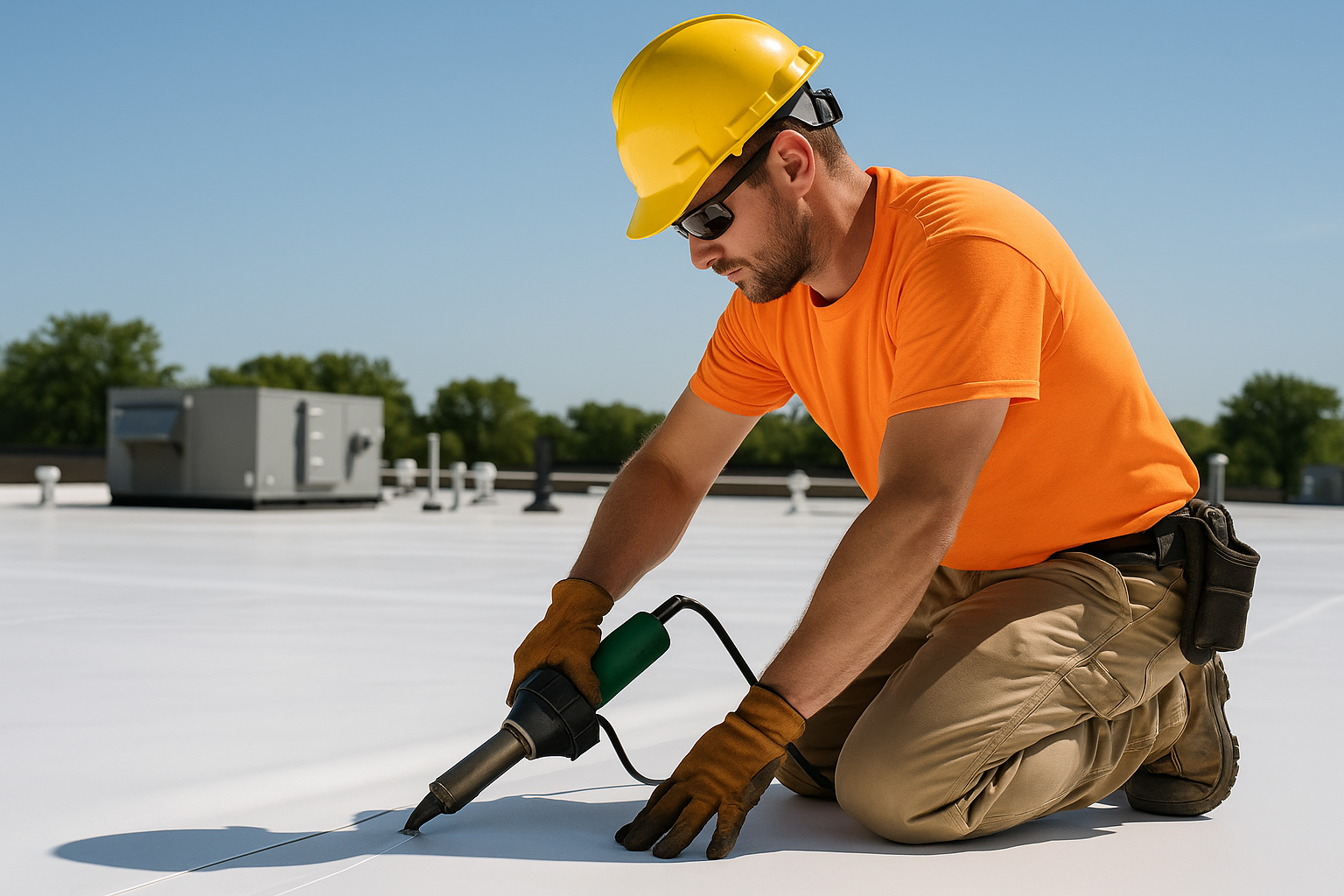 A professional roofer installing TPO membrane on a flat commercial roof on a sunny day