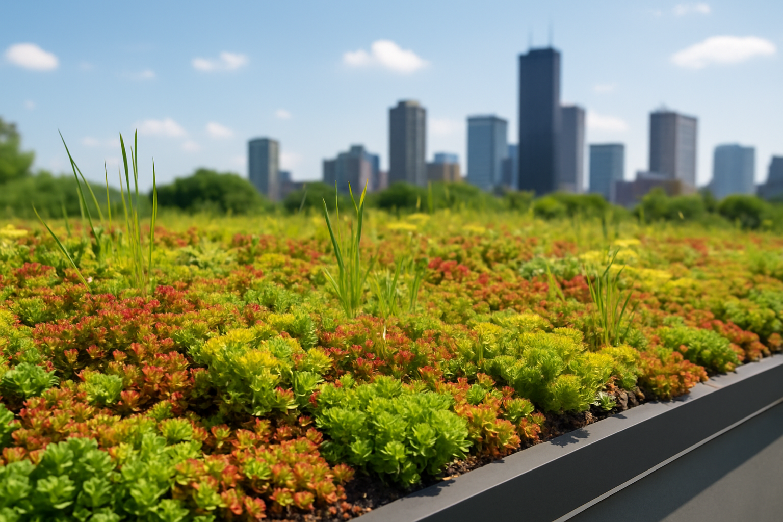 Close-up of a green roof with diverse plant life, showcasing the lush vegetation and urban skyline in the background