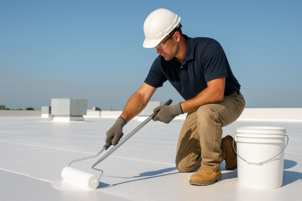 A professional roofer installing reflective roof coating on a large commercial building under a clear blue sky