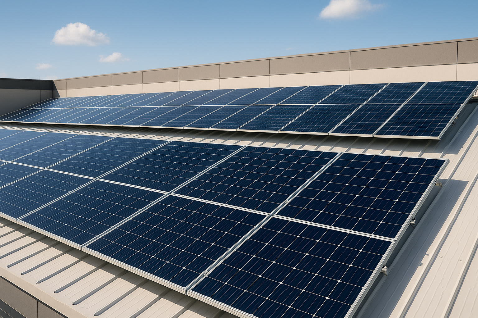 Rooftop solar panels installed on a commercial building, illustrating energy efficiency and sustainability benefits