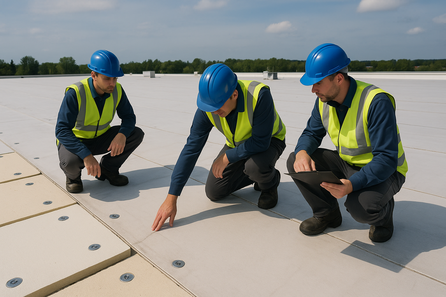 A maintenance team inspecting a large commercial roof, focusing on insulation and membrane integrity