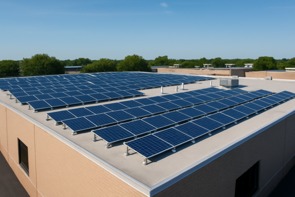 Aerial view of a commercial building with solar panels installed on a flat roof under clear blue skies