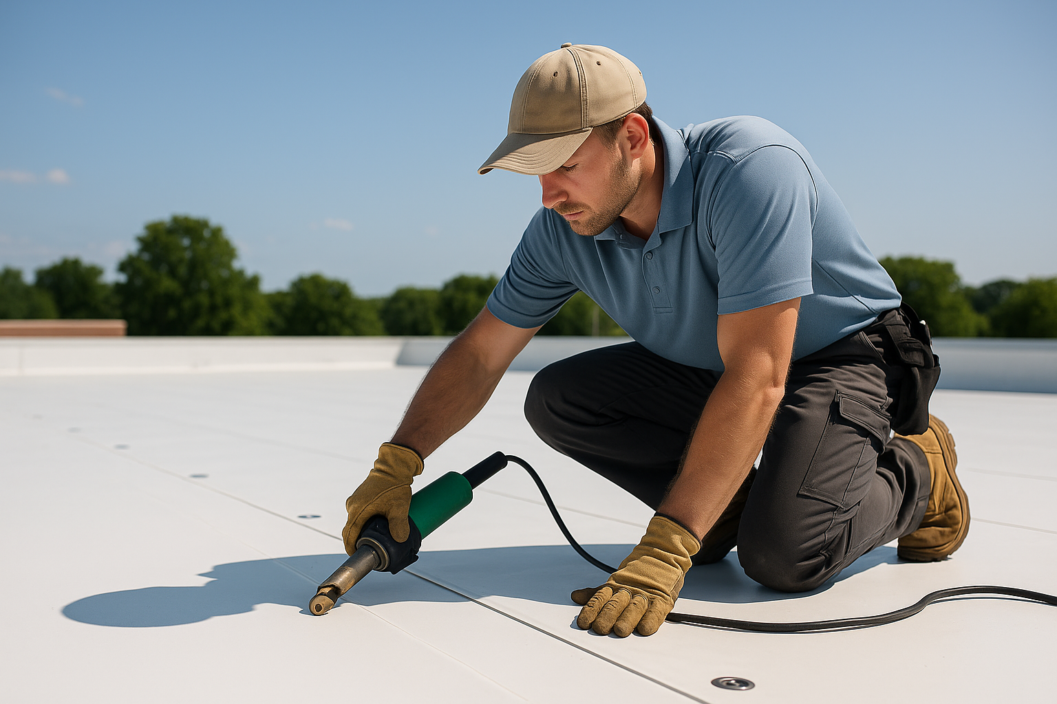 A professional roofer installing TPO membrane on a flat commercial roof on a sunny day