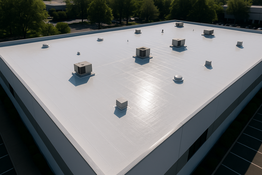 An aerial view of a large commercial building with a newly installed energy-efficient flat roofing system, showcasing reflective surfaces that reduce heat absorption