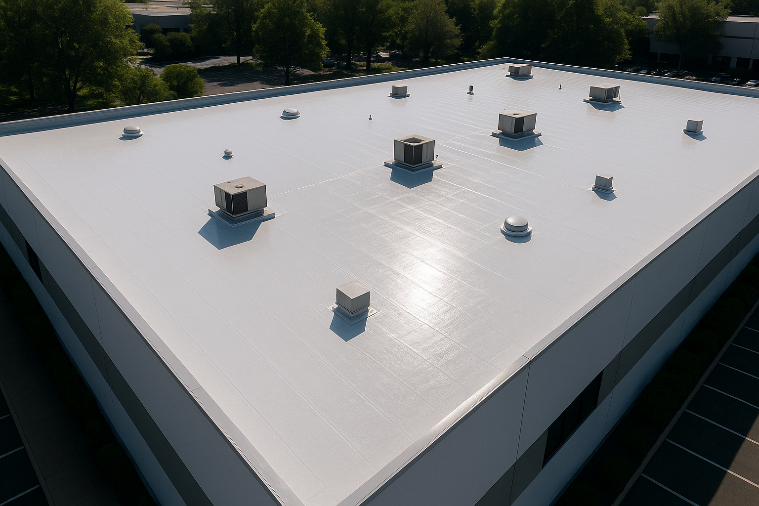 An aerial view of a large commercial building with a newly installed energy-efficient flat roofing system, showcasing reflective surfaces that reduce heat absorption