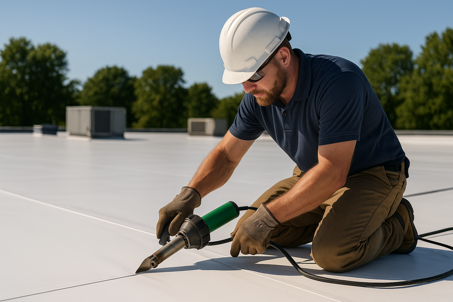 A professional roofer installing TPO membrane on a flat commercial roof on a sunny day