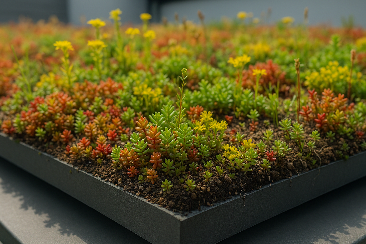 Close-up of a green roof with diverse plant species, showcasing its thickness and vibrant colors