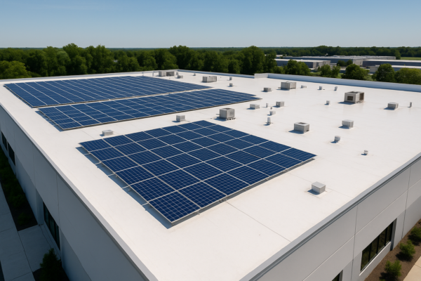 Aerial view of a large commercial building with solar panels and reflective white roofing under clear skies