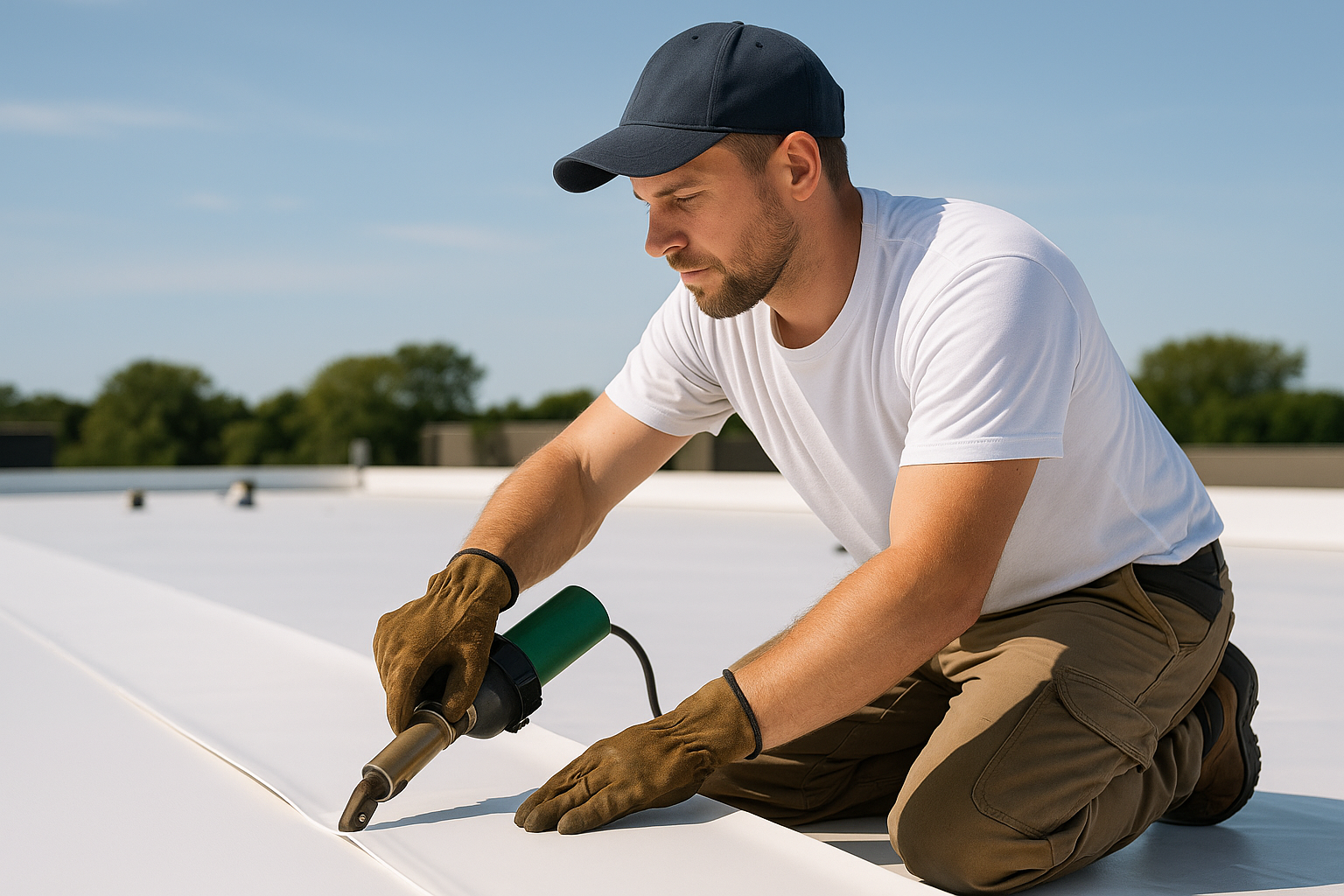A professional roofer installing TPO membrane on a flat commercial roof on a sunny day