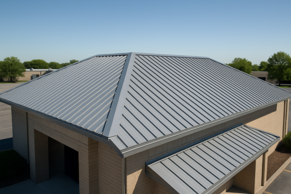 Aerial view of a commercial building with a newly installed metal roof under a clear blue sky