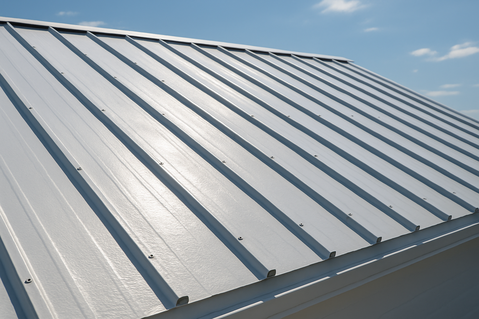 Close-up of a light-colored metal roof with a reflective coating under direct sunlight