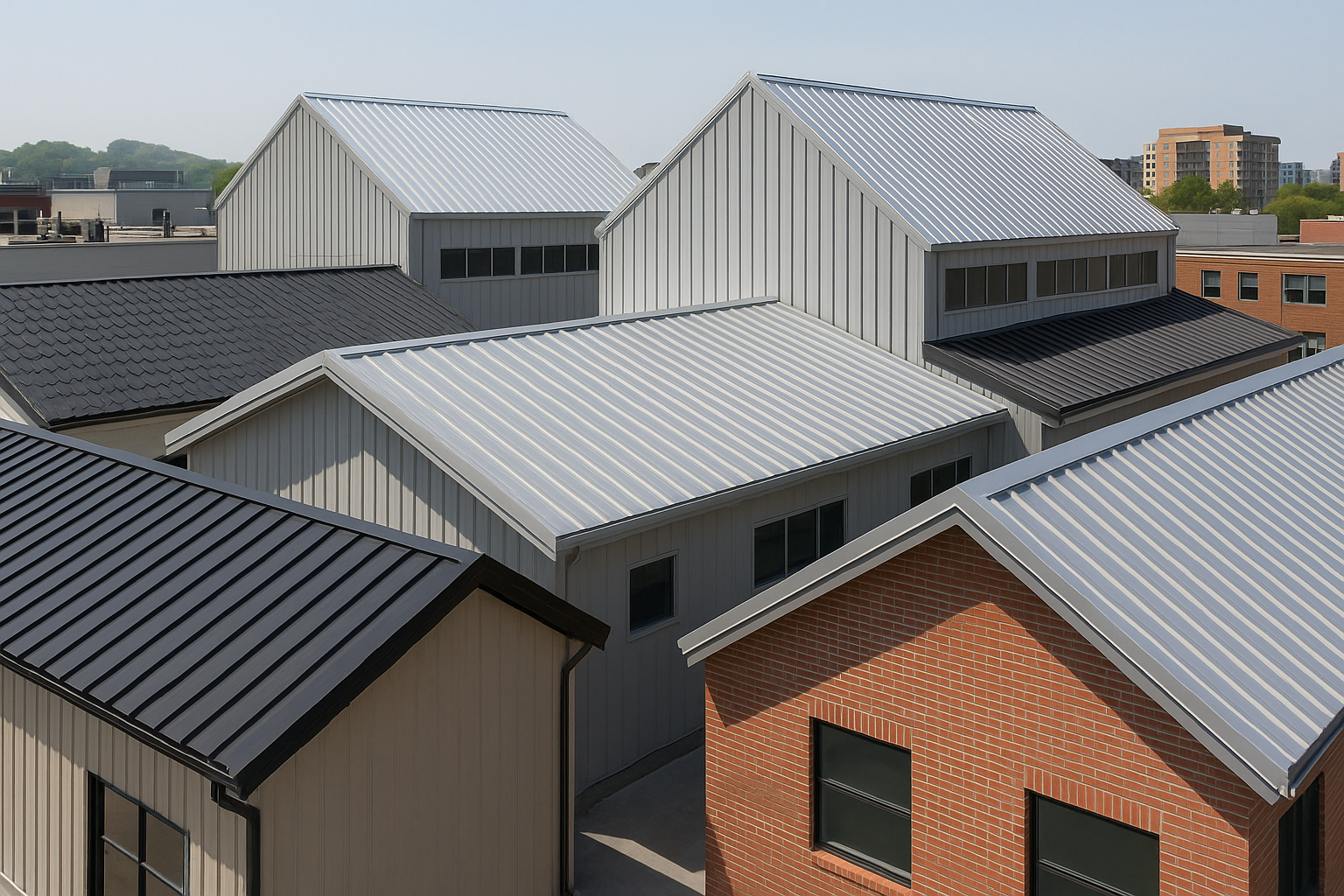 Diverse styles of metal roofing on various commercial buildings in an urban setting