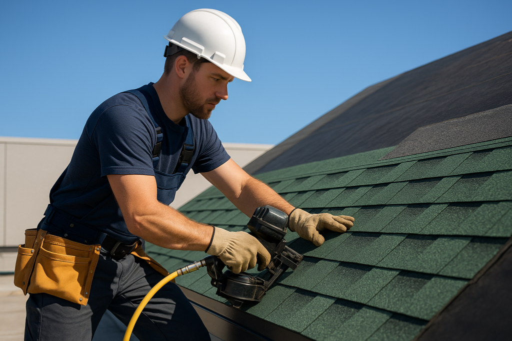 A professional roofer installing eco-friendly roofing materials on a commercial building under a clear blue sky
