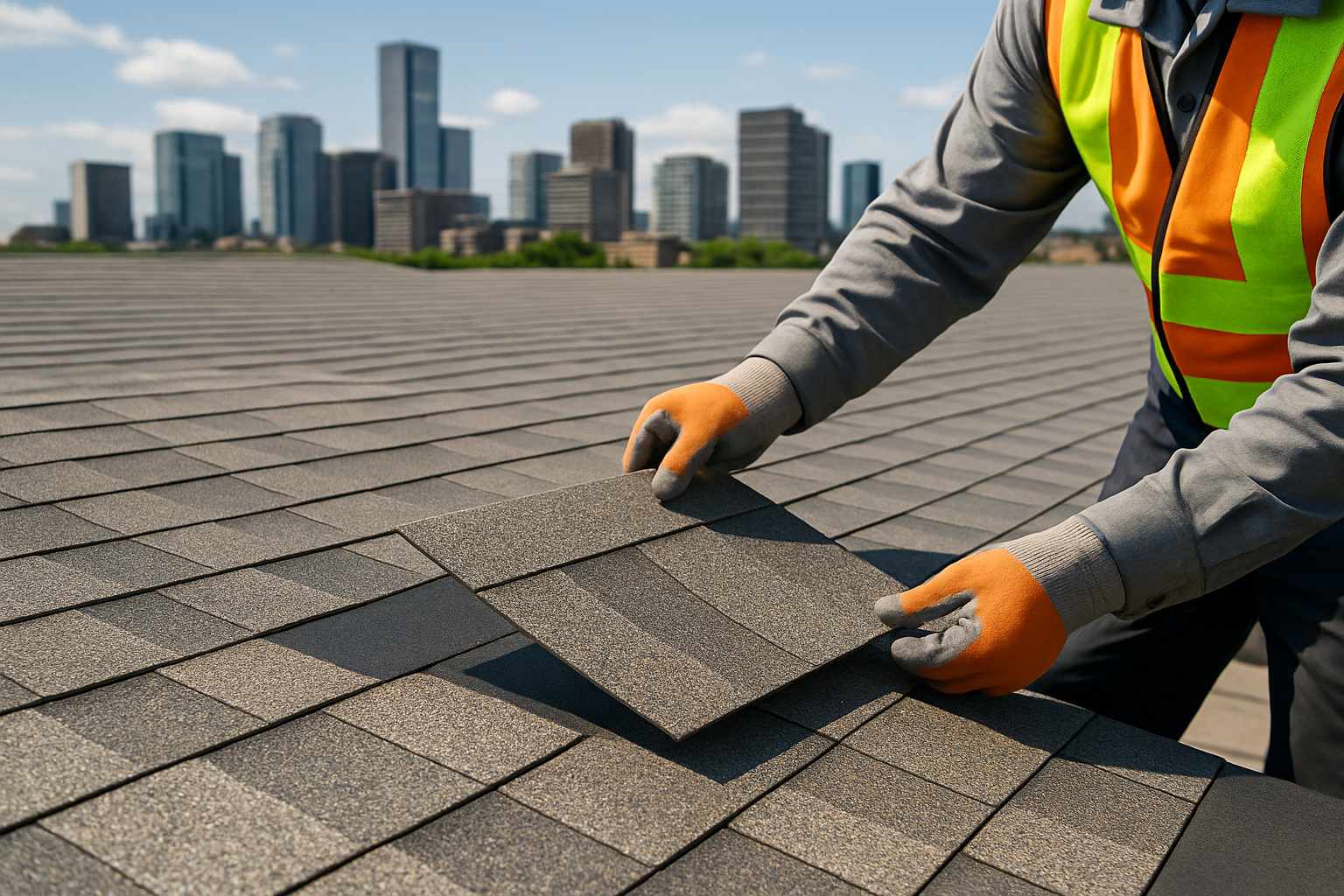 Close-up of solar-reflective shingles being installed on a commercial roof with a cityscape in the background