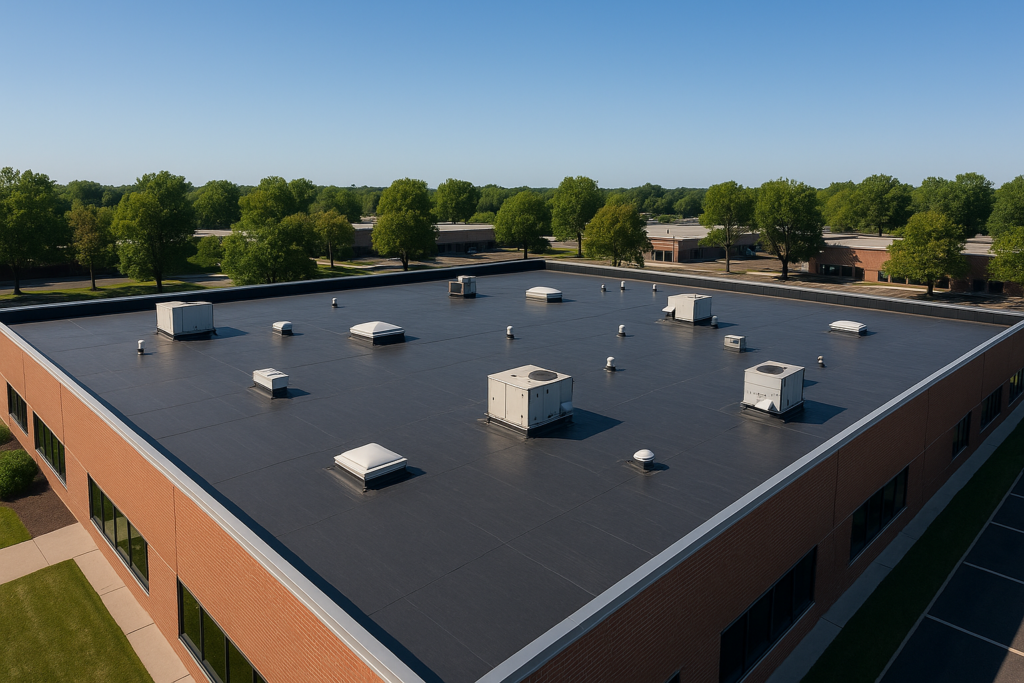 Aerial view of a large commercial building with a newly installed EPDM roof under a clear blue sky