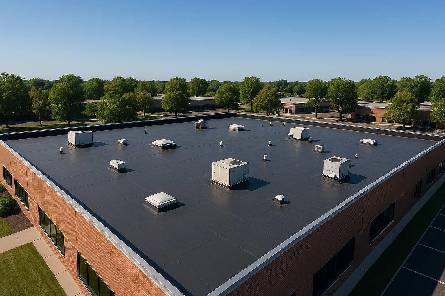 Aerial view of a large commercial building with a newly installed EPDM roof under a clear blue sky
