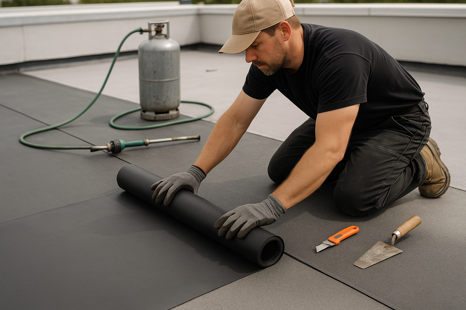 Close-up of a professional roofer applying EPDM membrane on a commercial roof, with tools and materials visible
