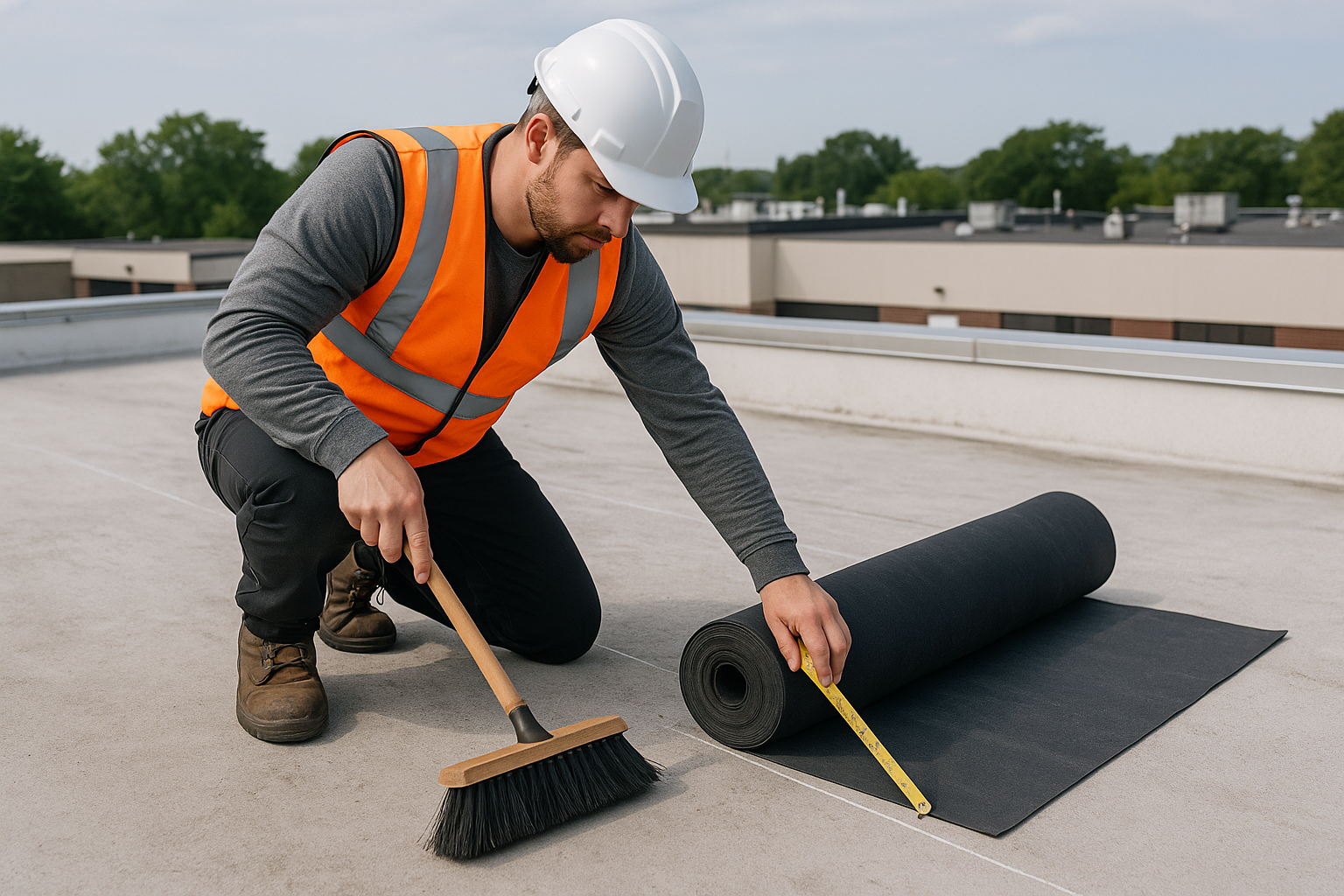 Roofer preparing a commercial roof by cleaning and measuring before applying EPDM membrane