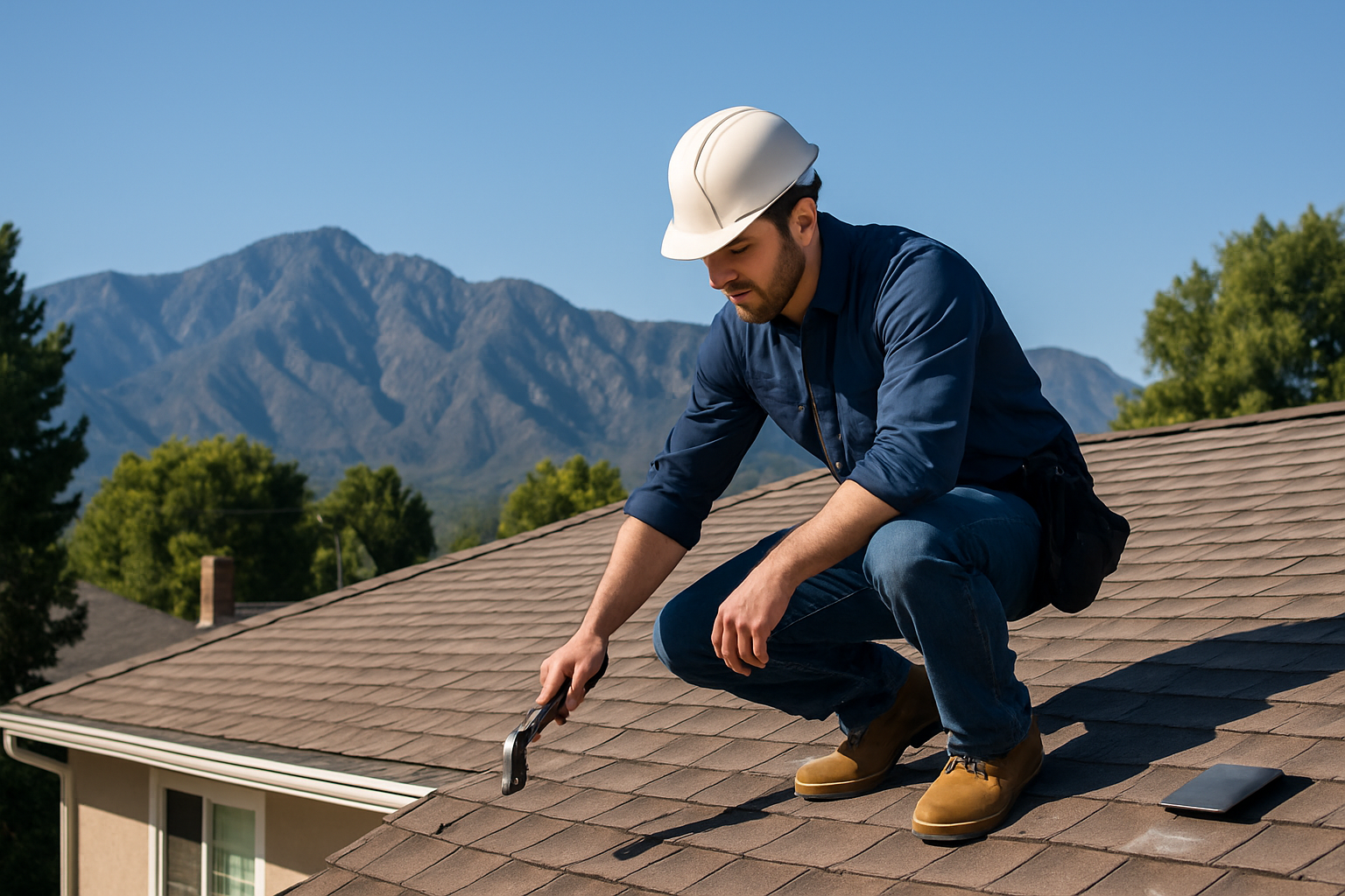 A professional roofer inspecting the roof of a suburban home with the San Gabriel Mountains in the background on a clear day
