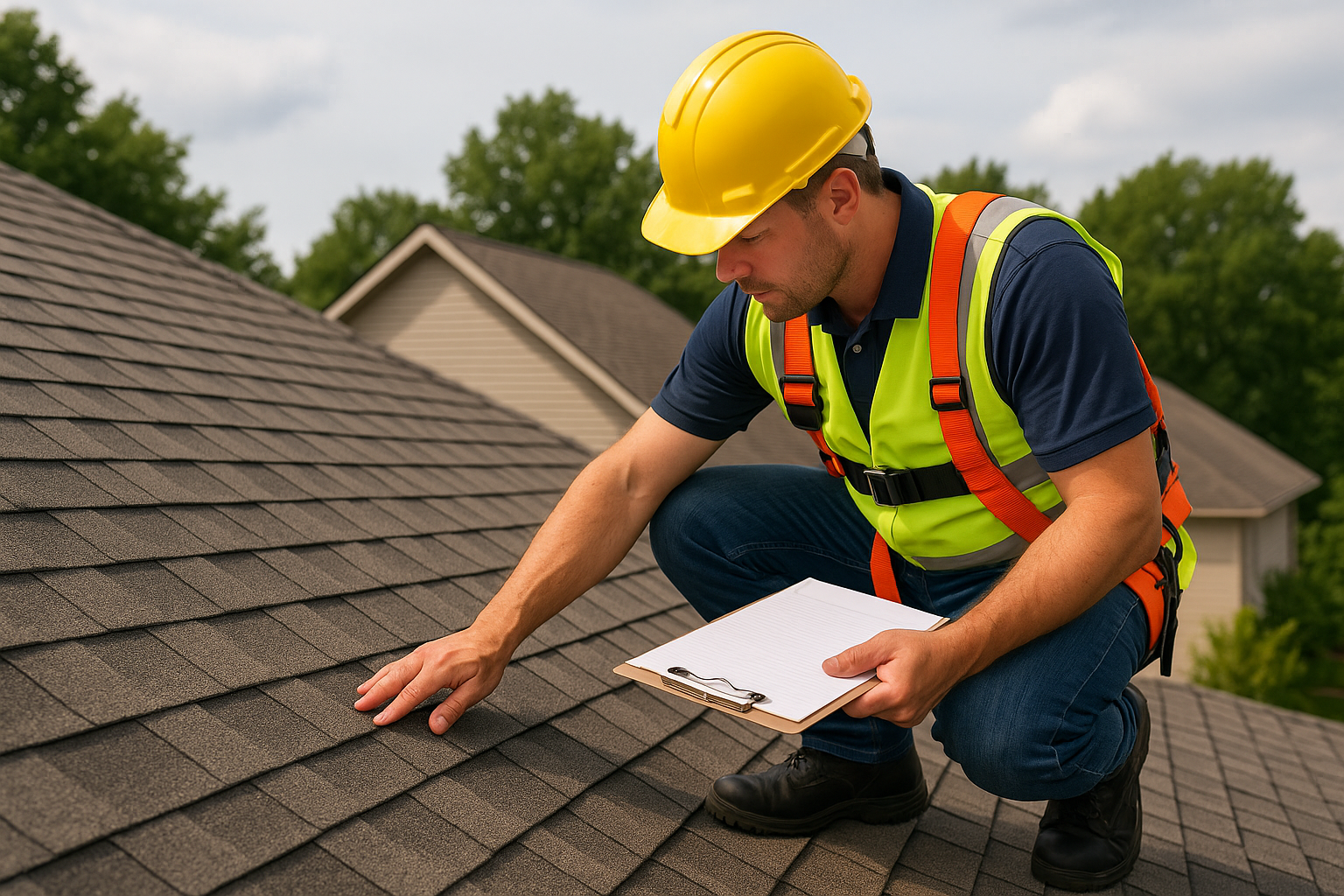A rooftop view showing a professional inspecting an asphalt shingle roof with a clipboard and safety gear