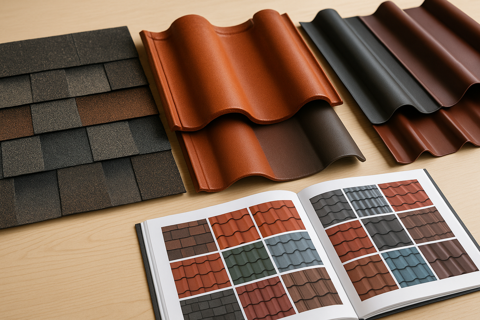 Close-up of a variety of roofing materials including asphalt shingles, clay tiles, and metal sheets, displayed on a table with a catalog of roofing options