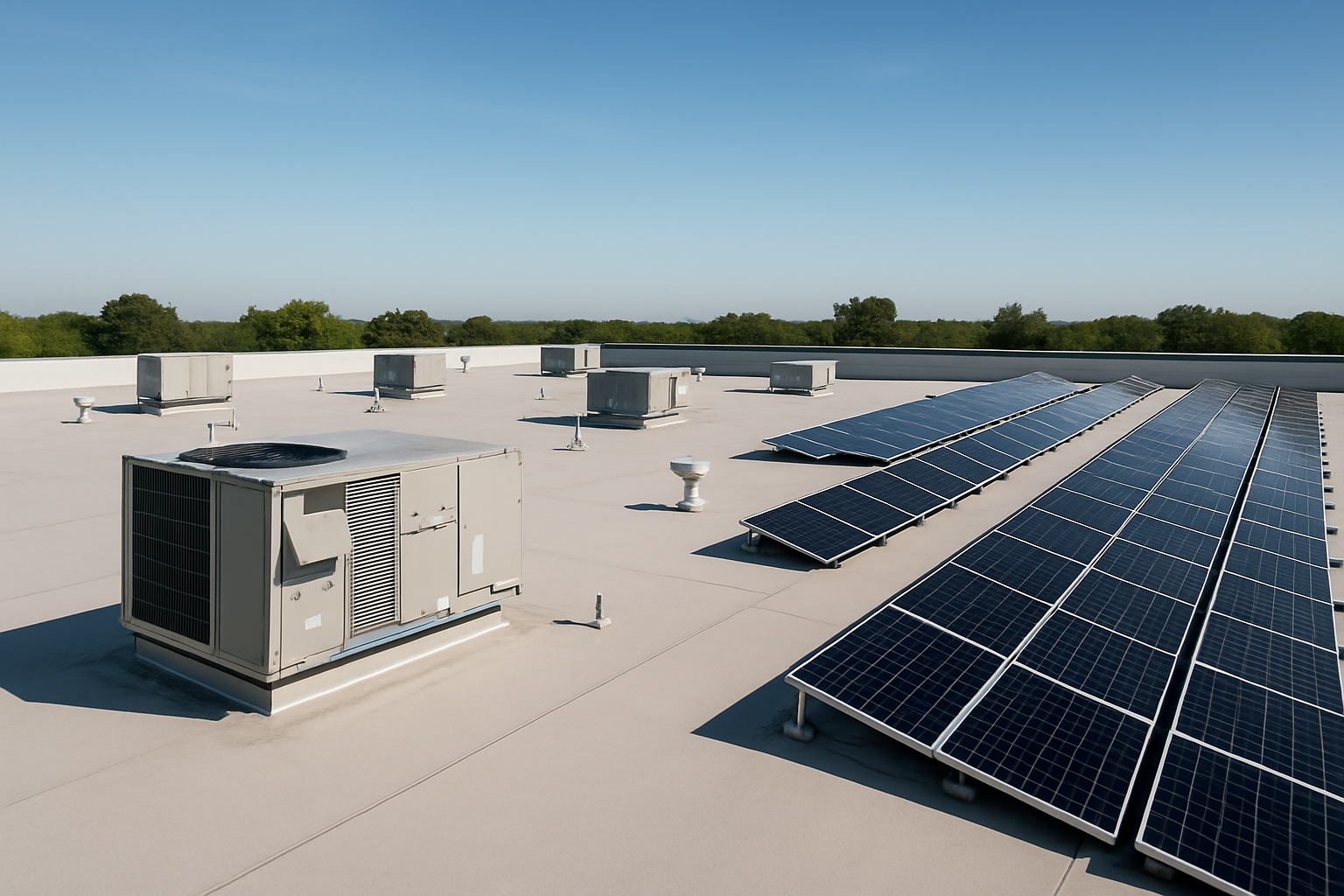 An aerial view of a flat commercial roof with multiple HVAC units and solar panels under a clear blue sky