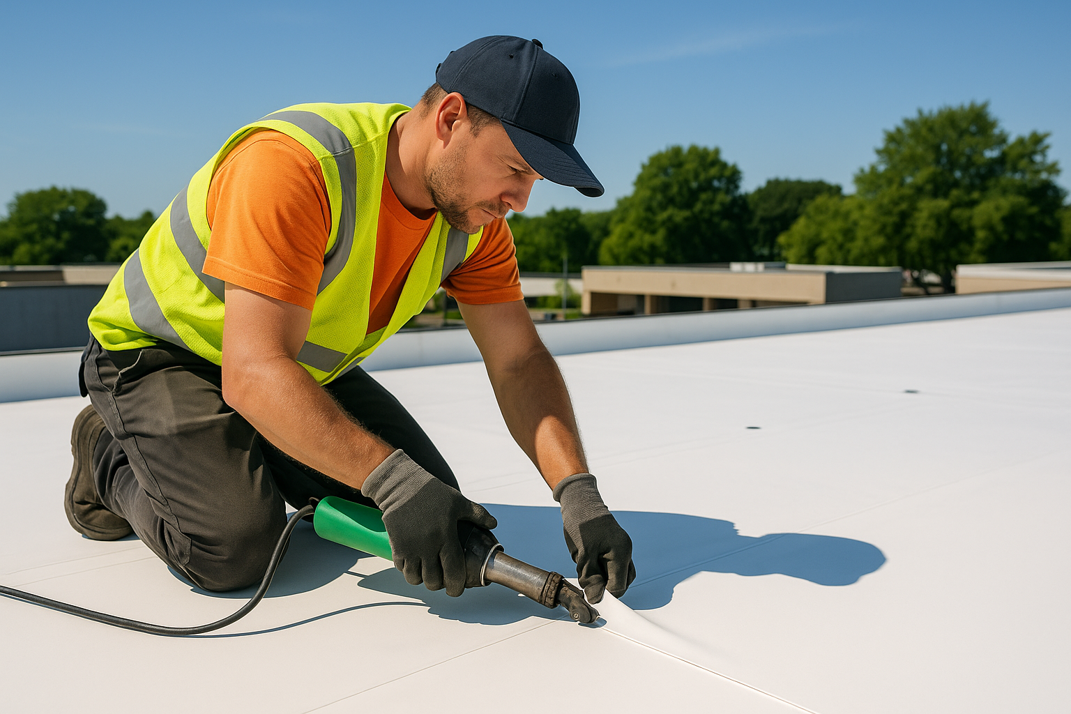 A professional roofer installing TPO membrane on a flat commercial roof on a sunny day