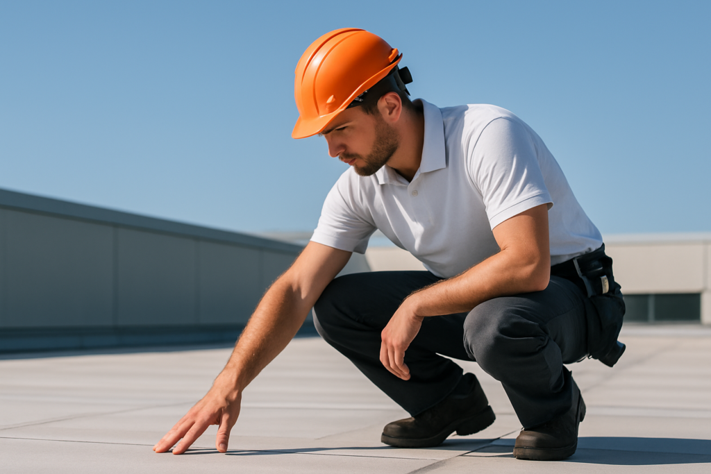 A professional roofer examining a flat roof on a commercial building under a clear blue sky